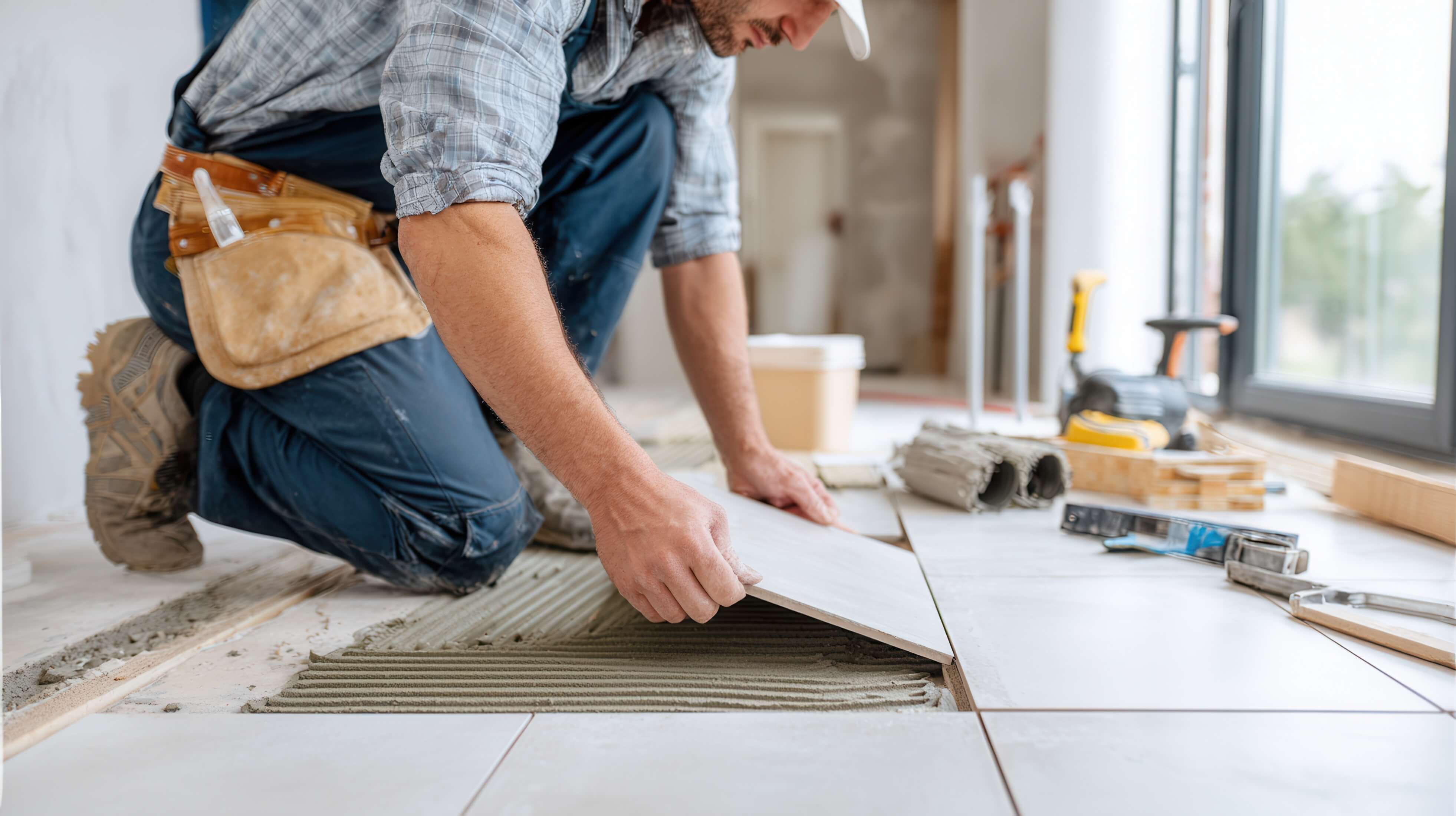 Tiler placing down a tile